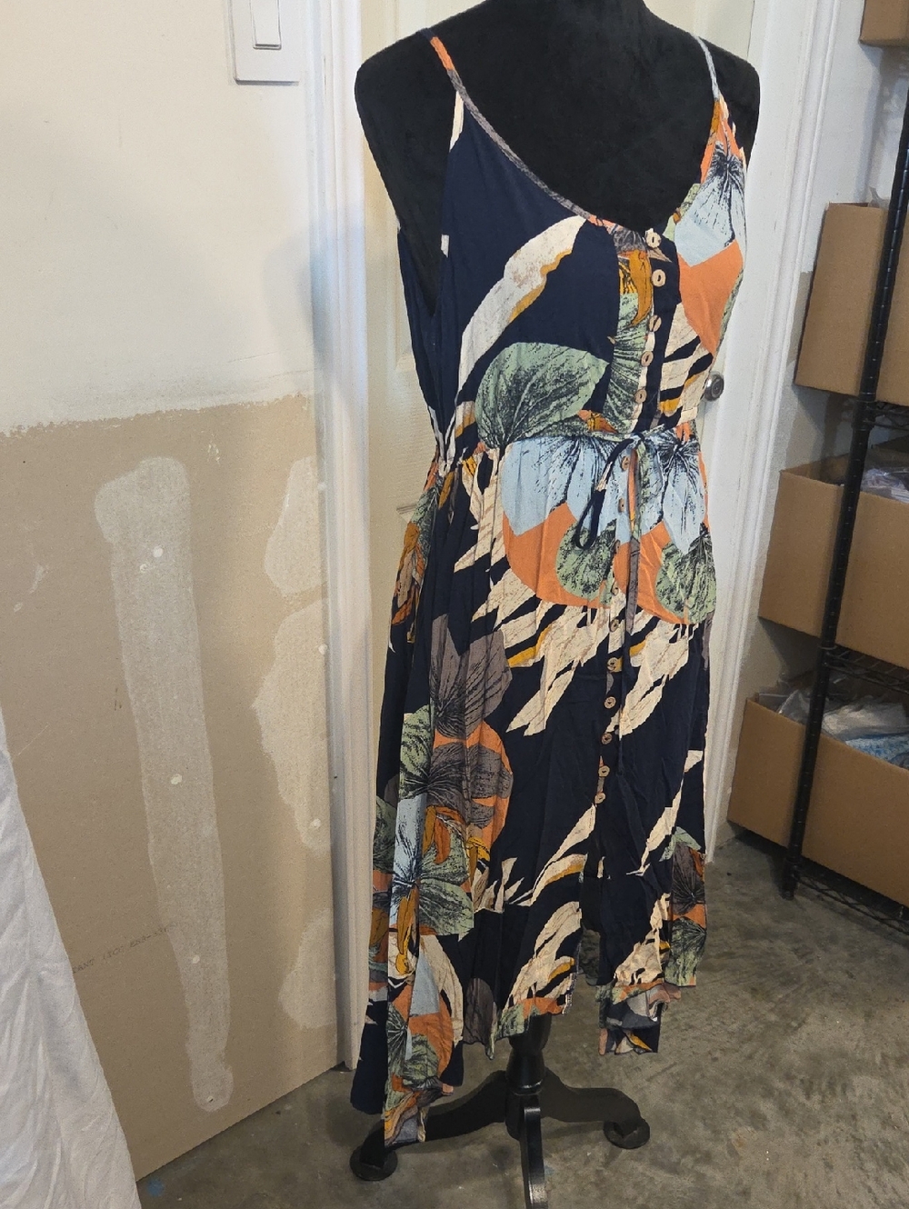 Brovave Spaghetti-Strap Navy Floral Maxi Dress Boho Tropical Drawstring Waist